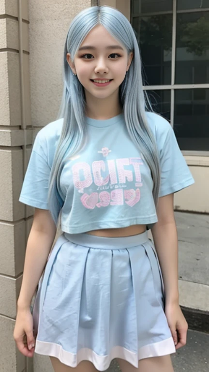 female high school student，Transparent T-shirt，Crystal gauze tutu skirt，campus，Smile with teeth，light blue hair。