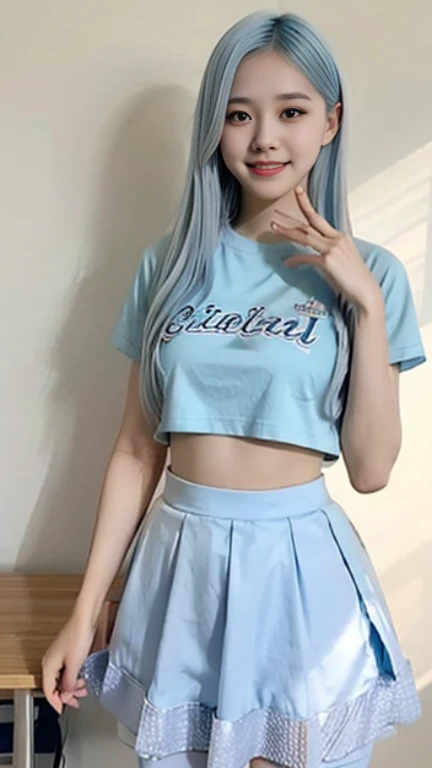 female high school student，Transparent T-shirt，Crystal gauze tutu skirt，campus，Smile with teeth，light blue hair。