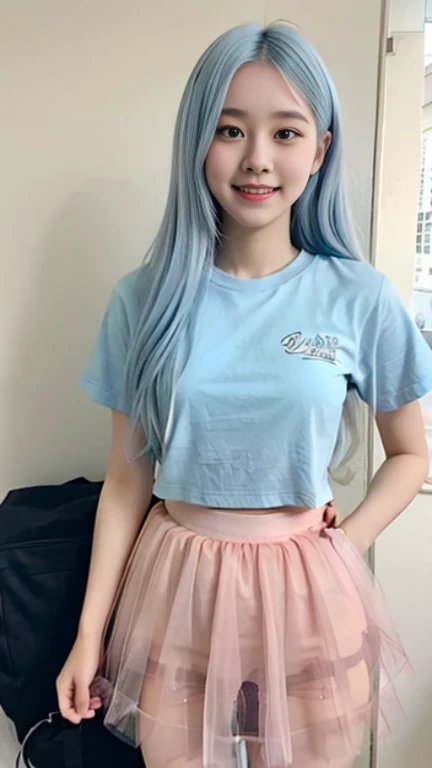 female high school student，Transparent T-shirt，Crystal gauze tutu skirt，campus，Smile with teeth，light blue hair。