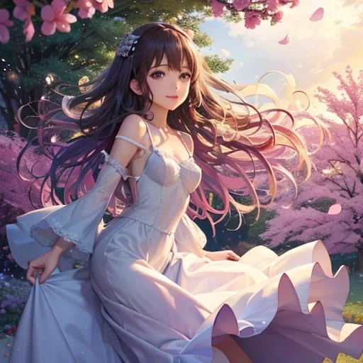 Mizuhara chizuru, (Best Quality,Ultra-detailed,Photorealistic:1.37),Colorful,Ethereal lighting,Soft pastel tones,Atmosphere of bliss,Flower Garden,Daytime,summer feel,Joyful expression,Cheerful smile,sparkling stars,Sparkling eyes,((Long pink wavy hair)),(...