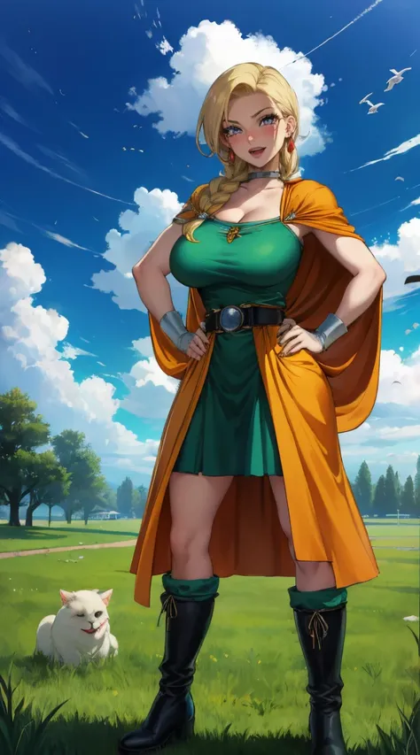 masterpiece, best quality, dqBianca, single braid, earrings, choker, orange cape, green dress, belt, looking at viewer, large breasts, hands to hips, boots, smirk, open mouth, furrowed brow, smile, sky, clouds, fields