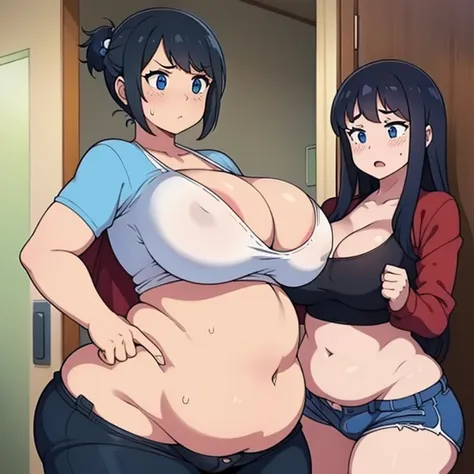 ((digital art)), ((2 girls)), standing, skindentation, (tight clothes), wardrobe malfunction, one of the girls is slim and blonde and surprised, the other girl has black hair and is blushing, ((breasts resting on tummy)), tummy bulge, pudgy, gaining weight