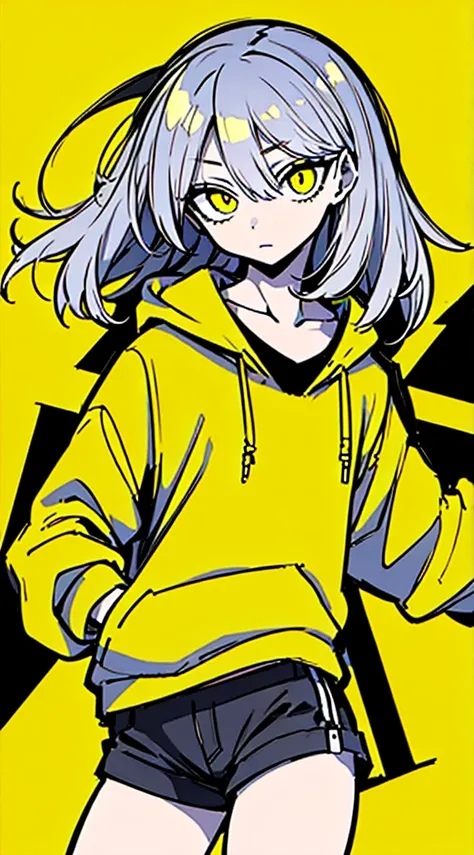 (masterpiece, highest quality:1.6), alone, thick outline, (simple background, Dark yellow background, monochrome, dark yellow theme:1.2), official art, Key Visual, 8K, disorganized, whole body, (Unique hair, Oversized Hoodies, hot pants, arch back, short t...