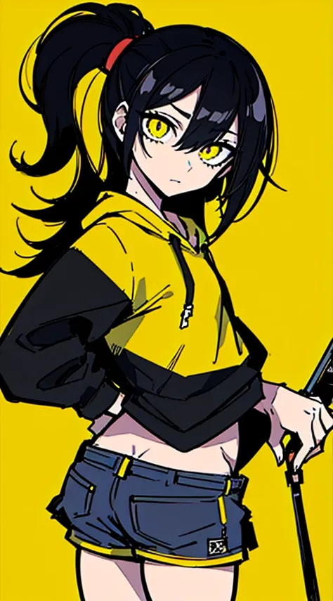 (masterpiece, highest quality:1.6), alone, thick outline, (simple background, Dark yellow background, monochrome, dark yellow theme:1.2), official art, Key Visual, 8K, disorganized, whole body, (Unique hair, Oversized Hoodies, hot pants, arch back, short t...