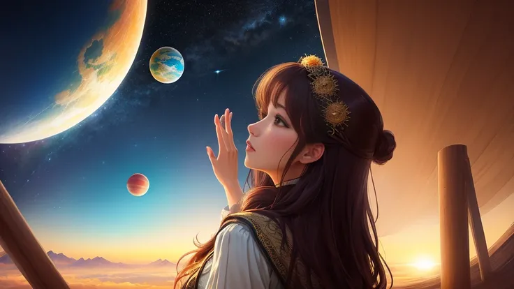 masterpiece、A tall beautiful woman staring at countless planets from afar、mysterious sight、