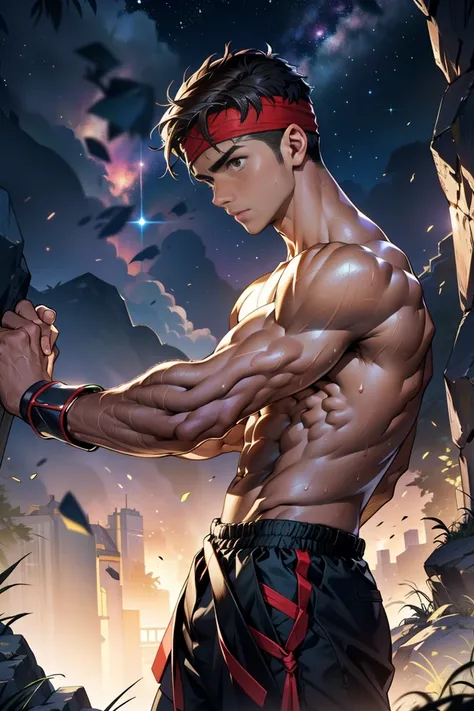 (Masterpiece, Best quality, 18 year old boy, 8k, ultra-detailed, (bust shot)), (from side, looking away, worm eyes, thin lips), (1 boy, solo), Young, (teenager), (Dark Short straight hair, under cut, brown eyes), Shirtless, topless, (Red headband, ((gauntl...