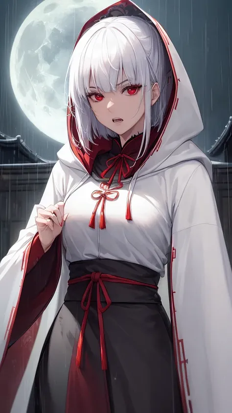 kk, best quality, more details, masterpiece, 1girl, kaneki ken, portrait, male focus, red eyes, solo, bangs, looking at viewer, hood, short hair, rain, tokyo tokyo (hell), hood up, nail polish, white hair, luxurious, 8k, detailed, ray tracing, depth of fie...