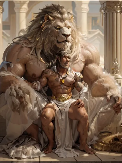 cg drawing，background，in a cold palace，cold palace，a lion orc，with a male human，two characters，strong and tall，huge and muscular...