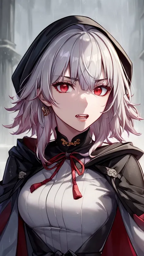 kk, best quality, more details, masterpiece, 1girl, kaneki ken, portrait, male focus, red eyes, solo, bangs, looking at viewer, hood, short hair, rain, tokyo tokyo (hell), hood up, nail polish, white hair, luxurious, 8k, detailed, ray tracing, depth of fie...