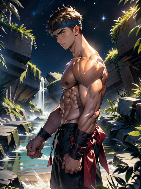 (Masterpiece, Best quality, 18 year old boy, 8k, ultra-detailed, (bust shot)), (from side, looking away, worm eyes, thin lips), (1 boy, solo), Young, (teenager), (Dark Short straight hair, under cut, brown eyes), Shirtless, topless, (Red headband, ((gauntl...