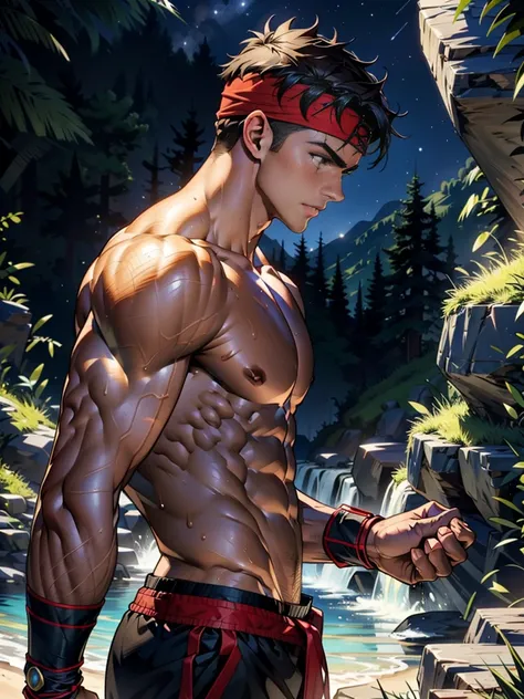 (Masterpiece, Best quality, 18 year old boy, 8k, ultra-detailed, (bust shot)), (from side, looking away, worm eyes, thin lips), (1 boy, solo), Young, (teenager), (Dark Short straight hair, under cut, brown eyes), Shirtless, topless, (Red headband, ((gauntl...