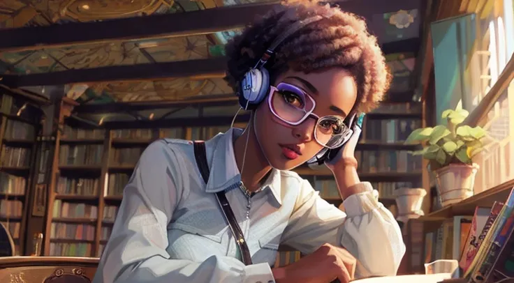 there is a woman sitting at the table with a book and headphones, nerdy black superhero, obras de arte no estilo de guweiz, stunning digital illustration, retrato de salgueiro ferreiro, inspirado em Kadir Nelson, garota usando fones de ouvido, pintura real...