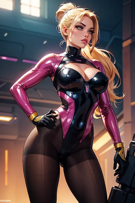 Best quality, 8K, woman retro super hero futurism, beautiful and detailed face, big eyelashes,standing, facing away from the observer, ponytail,golden hair, long eyelashes, light pink shiny leotard, cleavage, metalic details, light tan pantyhose, sheer glo...