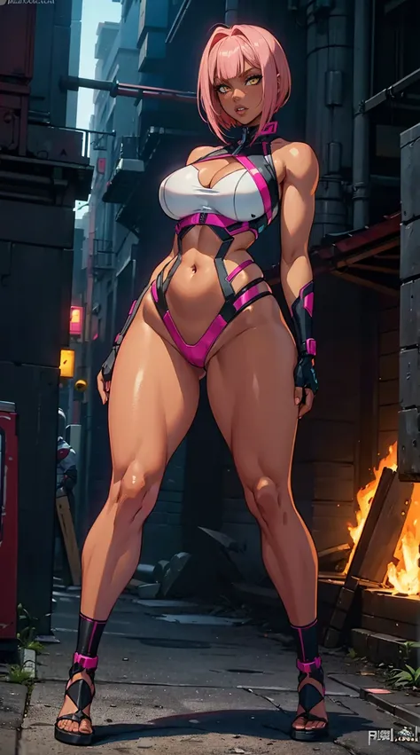 sexy pose, pink hair, (short bangs hair:1.36), detailed yellow eyes, narrow waist, depth of field, 1girl, (on a   background:1.3), (full body), big breasts, wide hips, athletic figure, ((thigh cutout)), (((dark skin))), oily skin,