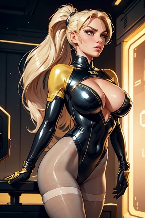 Best quality, 8K, woman retro super hero futurism, beautiful and detailed face, big eyelashes,facing away from the observer, ponytail,golden hair, long eyelashes, light WHITE shiny leotard, cleavage, metalic details, light tan pantyhose, sheer gloves,black...