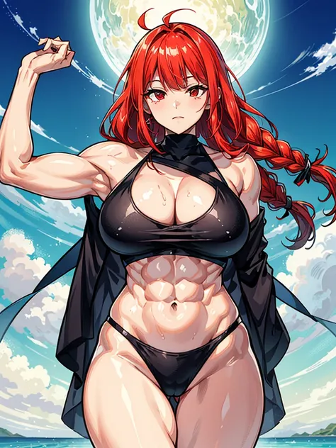 （（（masterpiece、Highest image quality、highest quality、highly detailed unity 8ｋwallpaper）））、（（Illustration of one girl））、（（（beautiful girl）））、（（red hair、Braid、sidelocks：1.2、red eyes））、（（（stocky build：1.2, thickset physique：1.3, muscular legs, broad shoulders...