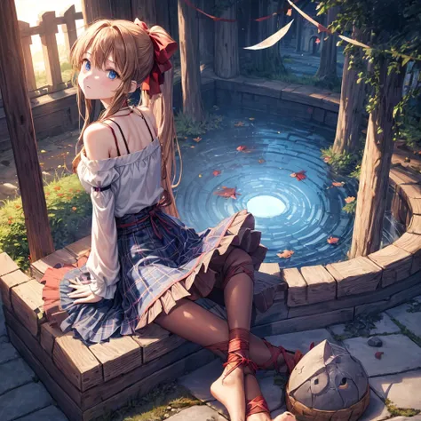 reddish-brown blonde、blue hair、blue eyes、ponytail、one good looking girl、solo、anime、Plaid miniskirt、camisole、sitting、black t-shirt、Tilting your face、Doing the ribbon、Ribbon at waist、sunset sky、broken stone steps、Remains、tunnel、Fallen leaves、Light and shadow...