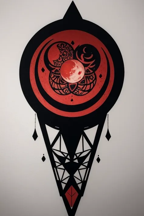 tatto of the sun swallowing the blood moon, geometrical, black ink and red ink, ethnic, tribal, dot work, 