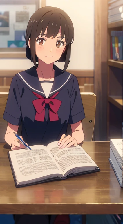 highest quality, masterpiece, shinkai makoto, kimi no na wa., 1 girl, bangs, black hair, blush, brown eyes, sailor collar, blue sailor collar, sailor color, white sailor color, serafuku, looking at the viewer, red bow, red headband, red ribbon, school unif...