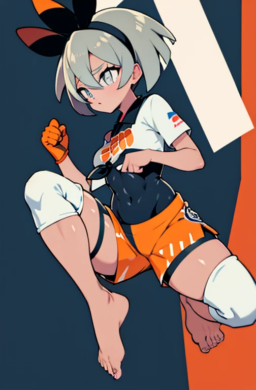 bea (pokemon), bow hairband, print shirt, tied shirt, black bodysuit, bodysuit under clothes, single glove, print shorts, knee pads, barefoot