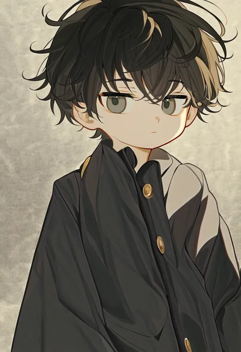 a little boy, short black messy hair, dark grey eyes, handsome, cute, small boy, ((solo)), ((high quality, masterpiece))