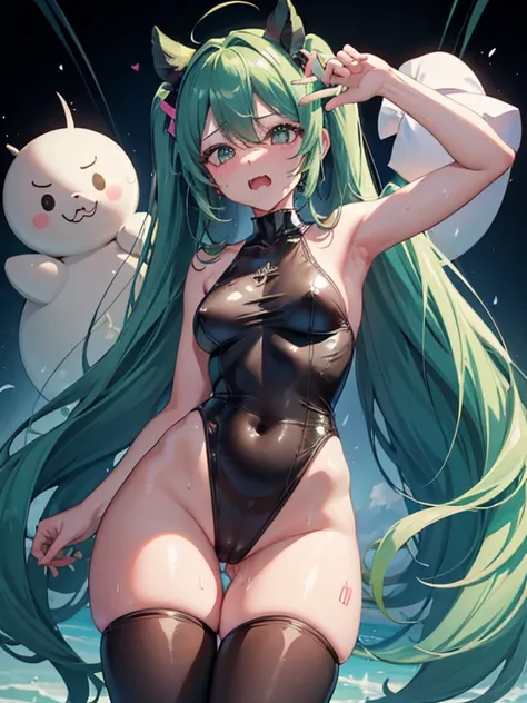 Hatsune Miku、A cup、slender、small breasts、High leg、bunny girl costume、Smooth plump thighs、Thigh emphasis、Show your armpits、black rabbit ears、sweaty、Tsuyudaku、tights　、Navel exposed、Ahegao、languorous expression、mouth wide open、sticks out tongue、sexy pose、Swea...