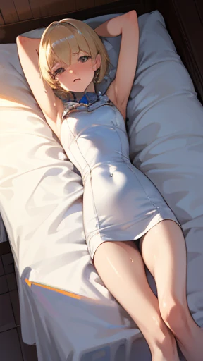 European junior high school student Realistic Very detailed High resolution Beautiful girl Blonde Silky white skin Short hair Small breasts Slim Beautiful legs Skin is delicate and beautiful Very reluctant expression Wearing a blouse only on top Clothes ar...