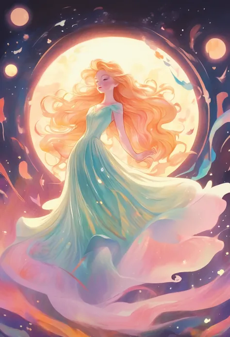 beautiful girl in flowing colorful ballgown, moon dress, long golden hair, Colorful watercolor background, inspired Written by Glen Keene, inspired Written by Lois Van Baarle, disney art style, Written by Lois Van Baarle, There&#39;s a glowing aura around ...