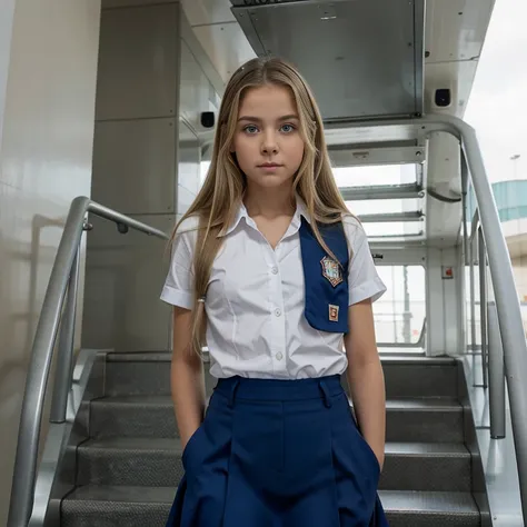 Blue-eyed blonde girl in school uniform, subiendo escaleras falda corta, Small, 10 year old girl, hermosa, cuerpo completo, subiendo escaleras para abordar avion, de la mano junto a su madre, 13-year-old female, atractiva, sexy, agachada, en el aeropuerto ...