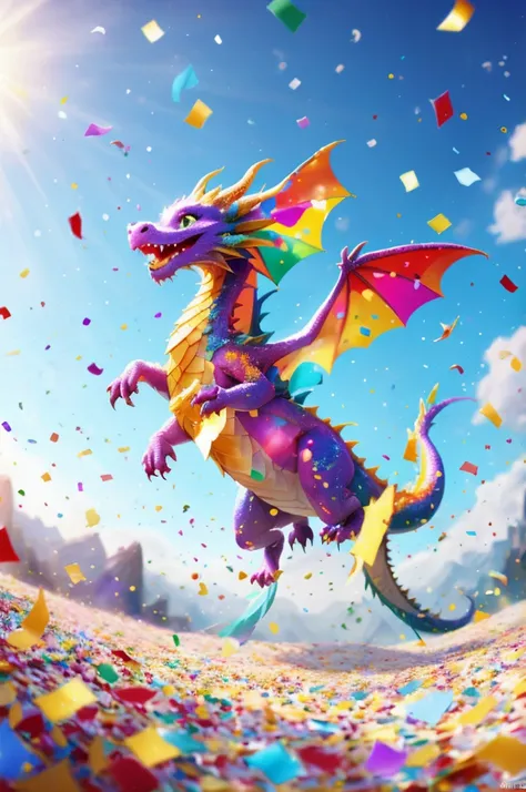 Colorful Confetti, cute Dragon flying on the Sky, Sunshine, Light Particles, panoramic view, Ultra high saturation, (best quality, masterpiece, Representative work, official art, Professional, 8k)