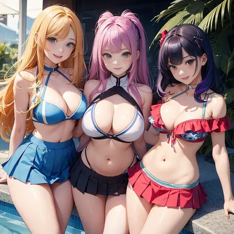 girls sandwich、Two girls are depicted、colorful hair、beautiful girl、highest quality、embarrassing smile、beautiful girl、masterpiece、High-definition images、The belly button is visible、bikini、cleavage exposure、off shoulder、Thigh emphasis、night pool、25 years old...