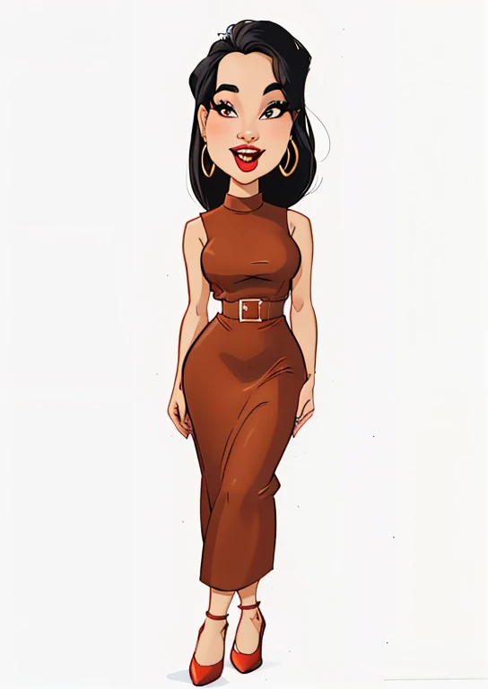 drawing of a woman with a brown dress and red lip, figura feminina em vestido maxi, usando um vestido longo, em estilo cartoon, usando vestido longo, cartoon style illustration, mulher no vestido, senhora semi-virada em vestido de noite, imagem de desenho ...