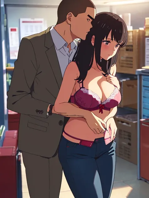 shinkai makoto, kimi no na wa., 1boy, buzzcut,office suit, boy caressing girls body, kiss cheeks, passionate hug, boy is hugging from behind, chestgrope from behind, boy is touchig girls chest, hold chest, 1girl, bangs, black hair, brown eyes, Twisted Half...