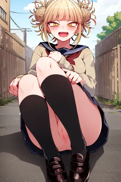 masterpiece、highest quality、I、detailed face、Himiko Toga、yellow eyes、high details、random environment、random pose、anime style、laughter、leather shoes,Completely naked