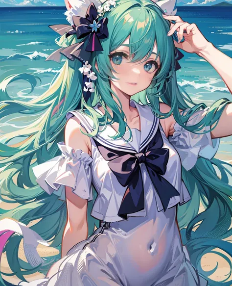 Hatsune Miku，gentle eyes，flowing hair:1.3，place ones arms behind ones back，summer beaches、Lovely，white sailor suit