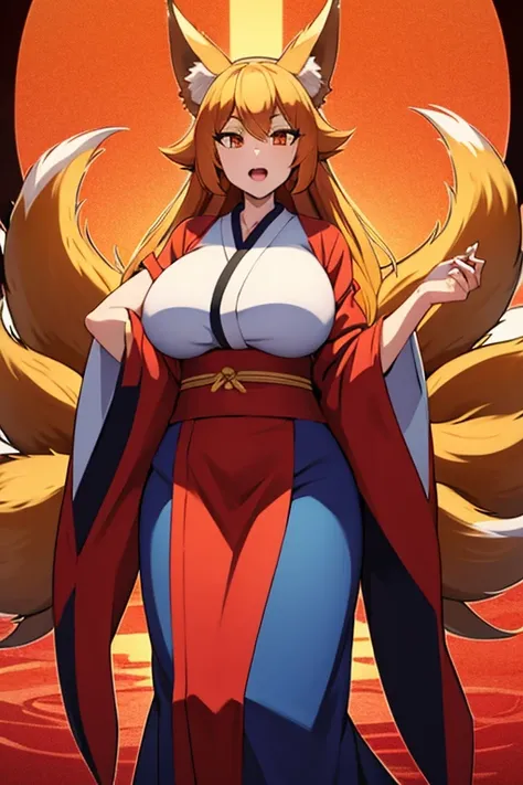 Tall fox girl with big breasts, in a long kimono, with open mouth, nine tails