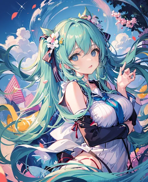 Hatsune Miku，gentle eyes，flowing hair:1.3，place ones arms behind ones back，summer beaches、Lovely，Tight white sailor suit，medium breasts，Off the shoulders，White clouds and blue sky，Beautiful scenery