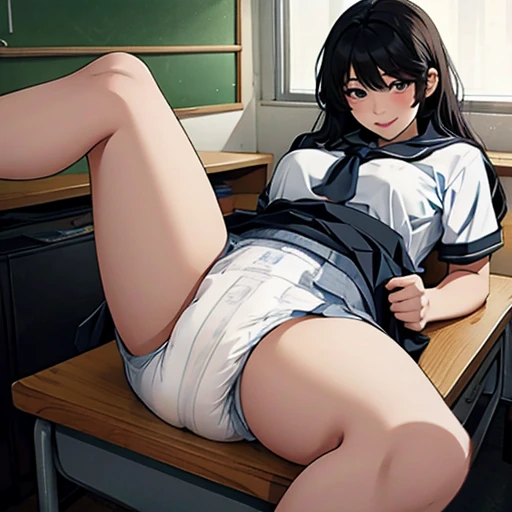 cute kpop girl, pee diaper, wet diaper, school uniform, smile, long hair, black hair, classroom, desk, skirt, realistic