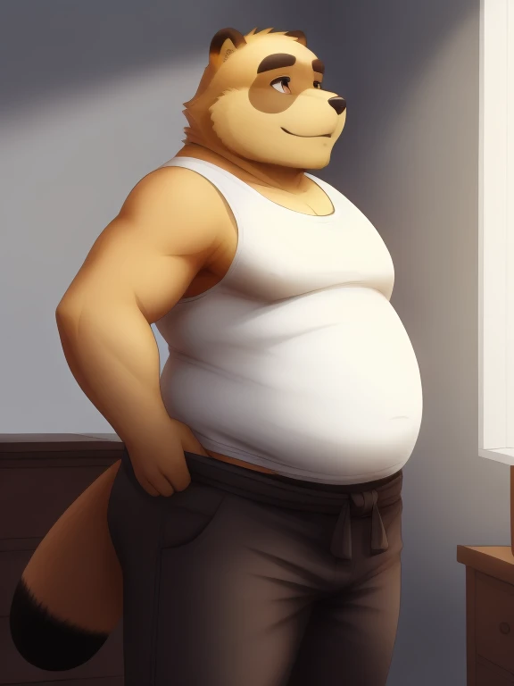 (obese, overweight, anthro, male),(detailed eyes, detailed face), (mr kuri, two-tone fur, brown snout, brown mouth, tanuki, old ...