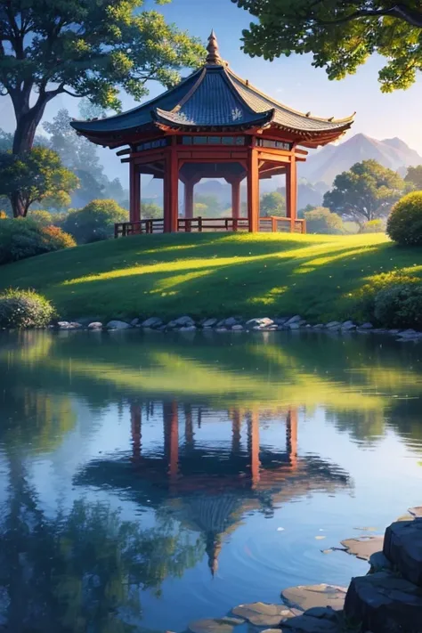 "A gazebo in a park, with a pond, trees, and roses. The gazebo is exquisitely detailed, featuring intricate carvings and a hexagonal shape. The pond reflects the beauty of the surroundings, creating a serene and tranquil atmosphere. The park is adorned wit...