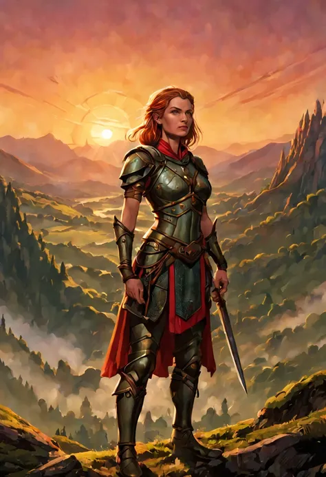 female warrior, facing front, front view , solo, colorful  fantasy, hills and forest in the distance, at sunset,  medieval setti...