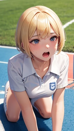 Very detailed image 8k European junior high school girl Beautiful girl Blonde Short hair Small breasts Beautiful legs Blush Sweat flowing Outside Athletics Crawl on all fours Composition viewed from an angle Open mouth wide White skin Regretful expression ...