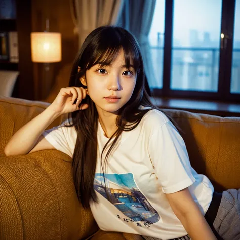 The face of a young Japanese woman posing like a model on a sofa. Focal length 100mmf/2.8, early winter night, living room on the upper floor of a tower apartment, plain T-shirt and shorts, close-up of eyes, film quality.
