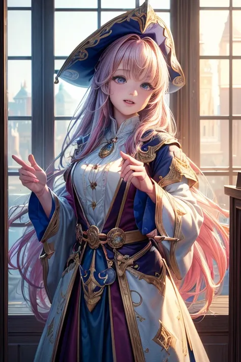 (best quality,4k,8k,highres,masterpiece:1.2),ultra-detailed,(realistic,photorealistic,photo-realistic:1.37),anime,portrait,detailed,flowing hair,wizard girl,standing by the window,wearing stylish clothes and hat,casting magic spell,playful expression,encha...