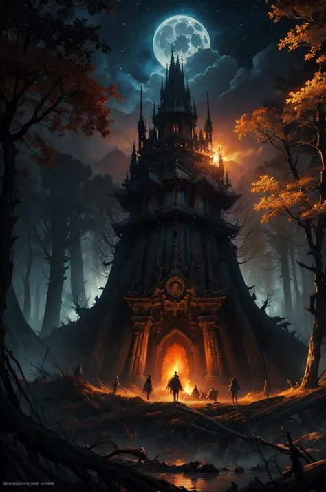 "cinematic 16k resolution masterpiece illustration painting consisting of oil, watercolors and ink :: dark scary forest scary autumn trees bonfire Ivan Aivazovsky Kentaro Miura Gustave Doré Greg Rutkowski romantic naturalism fall autumn landscape :: convey...