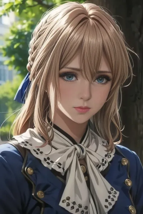 Violet Evergarden,masutepiece, Best Quality, 1girl in, Solo, Blonde hair, Blue eyes, hair between eye, Looking at Viewer, bow ribbon, Red Ribbon, braid, Hair Ribbon,  Blue T-shirt, Jewelry, Bangs, Outdoors, brooches, Hair intake, Anime coloring, ascot, Blu...