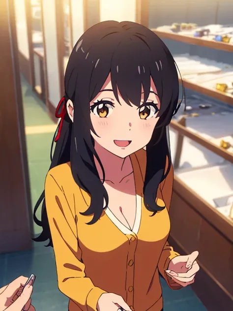 shinkai makoto, kimi no na wa., 1girl, bangs, black hair, brown eyes, open mouth :D, Twisted Half Up, red ribbon, long hair, long sleeve light yellow cardigan, open shirt, yellow shirt, cleavage, breast, medium breast, Orange shirt, name tag written "LUMIN...