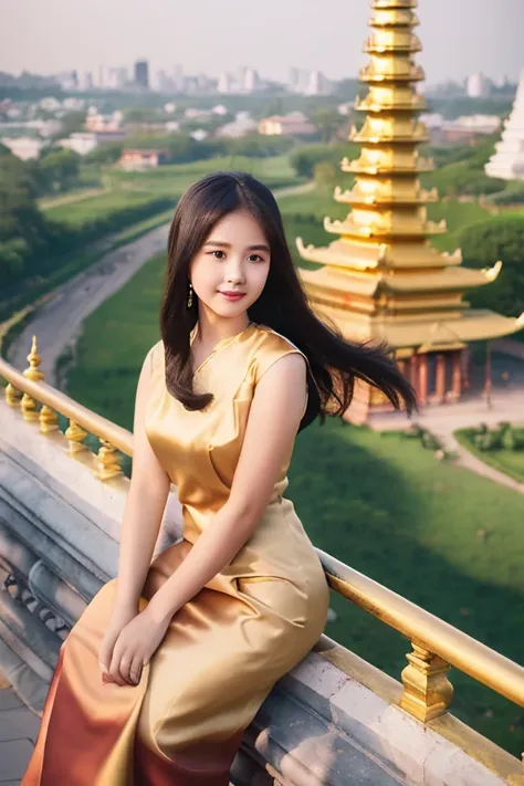 (Individual view) Fine art s silk dress) wearing a long-haired princess.  Cartoon anime (oil painting) Burmese girl, 18 years old, Bagan Pagoda view, clear background Hd 8k