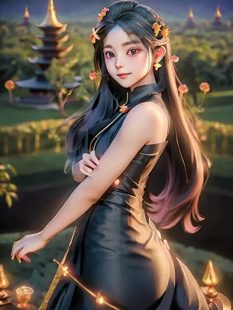  masterpiece, best quality, girl, solo, ((mature female)),, long hair, hair, princess, black dress(dress) (golden dress) fantasy, happy, looking at viewer, cartoon, anime, (oil painting)Burmese girl, 18 years old, Bagan pagoda view background, clear Hd 8k