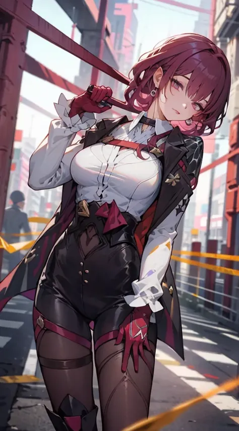 teens girl，full bodyesbian，hyper HD，Warm yellow light，Purple colored hair，alleys，hitman，Take control，Crime scene，looks into camera，Side Body，the night，tightsuit，white  shirt，Snap your fingers，bloods，red line，Handsome movements